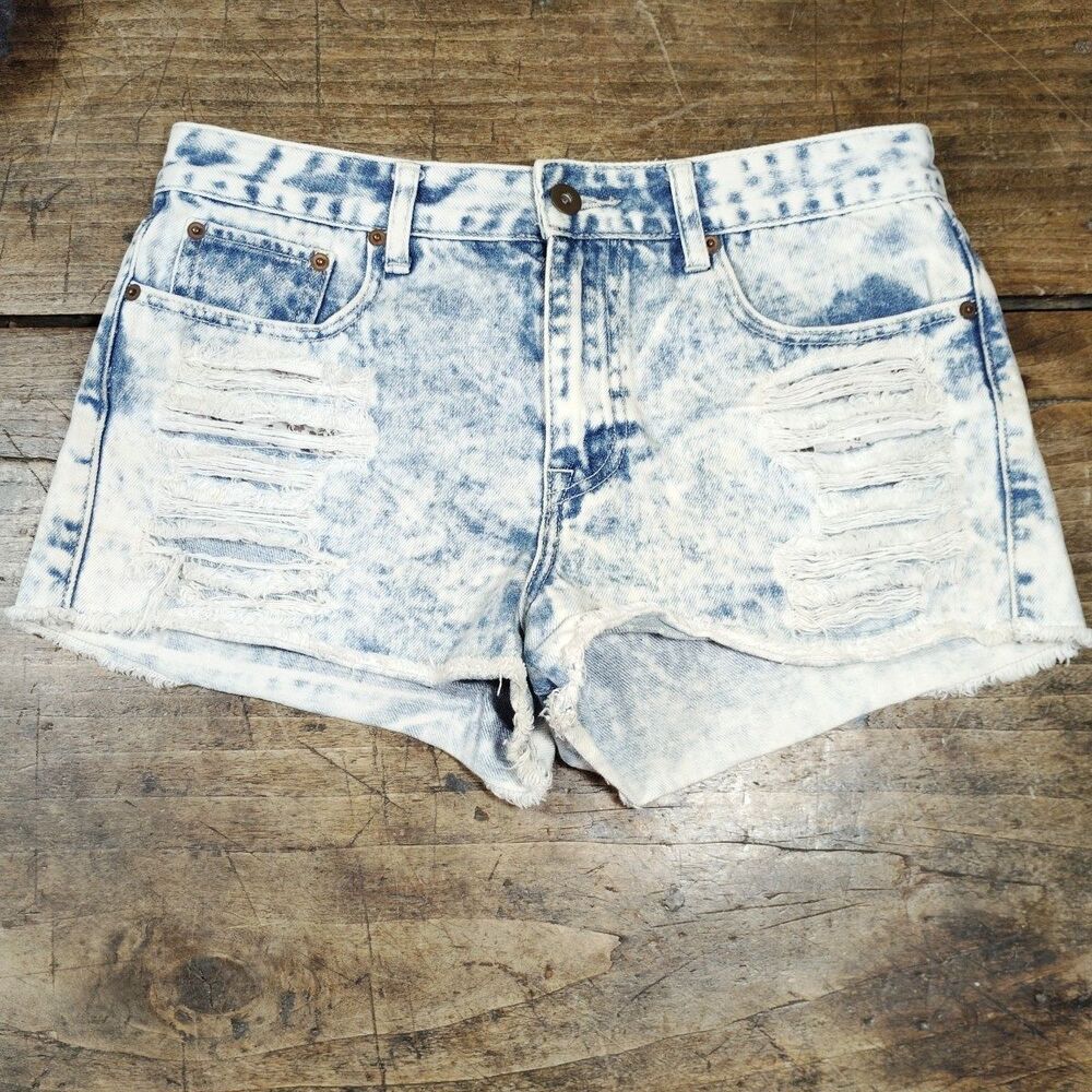 Forever 21 Denim Jean Shorts 28 Acid Wash Distressed Vintage Festival Boho Cut